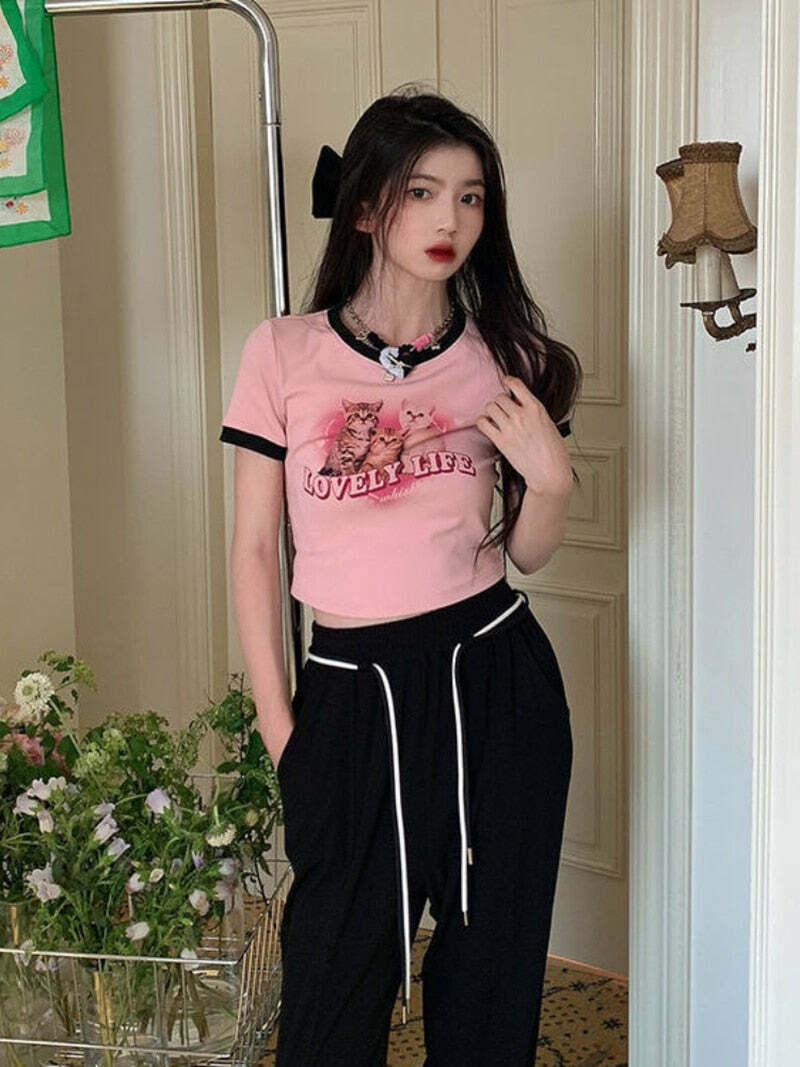 Lovely Life Kitten Crop Top - Y2K Summer, 90s Grunge, Retro, Pastel Goth, Y2K Party Outfit