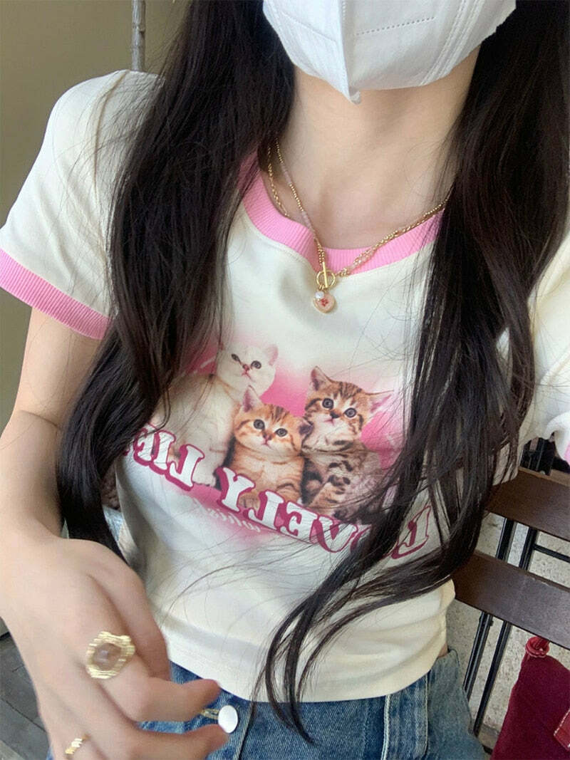 Lovely Life Kitten Crop Top - Y2K Summer, 90s Grunge, Retro, Pastel Goth, Y2K Party Outfit