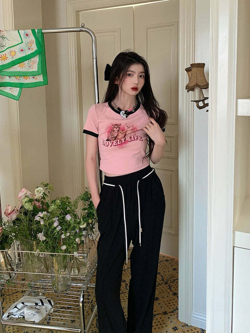 Lovely Life Kitten Crop Top - Y2K Summer, 90s Grunge, Retro, Pastel Goth, Y2K Party Outfit