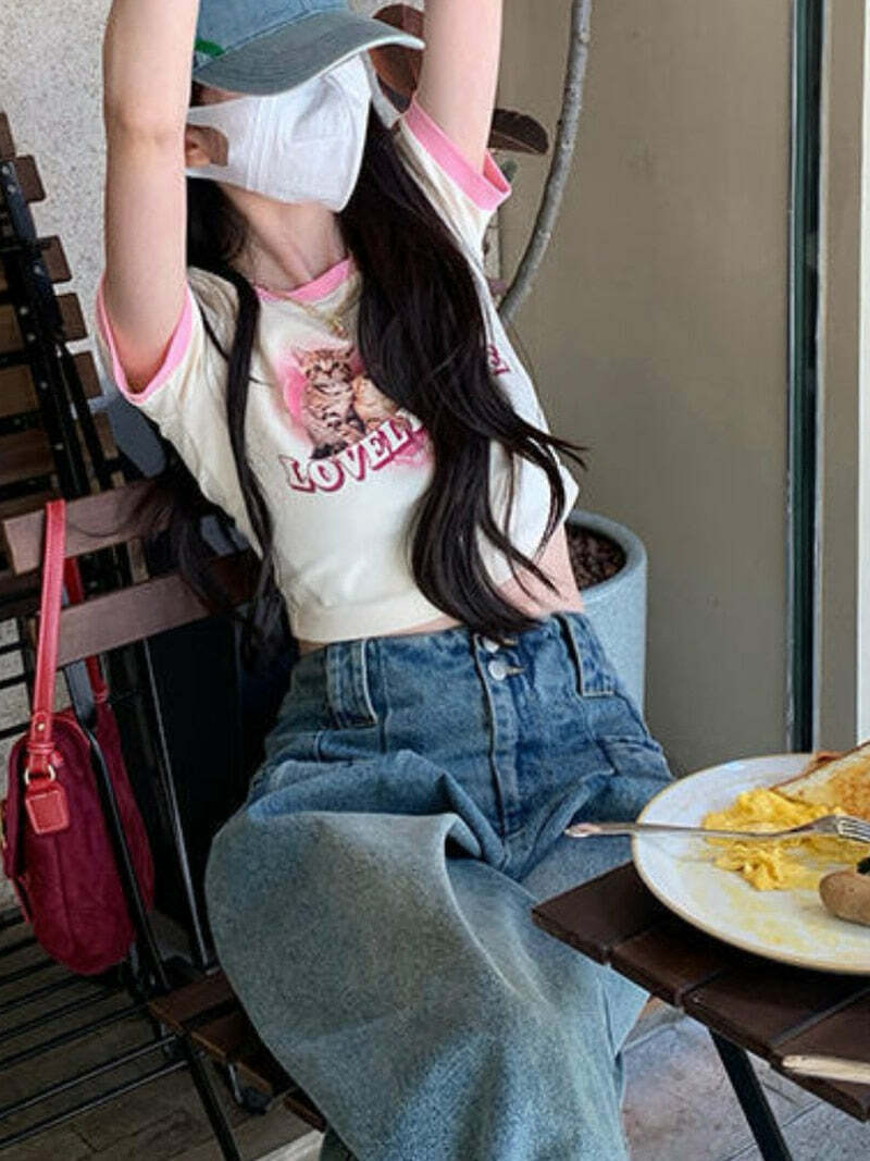 Lovely Life Kitten Crop Top - Y2K Summer, 90s Grunge, Retro, Pastel Goth, Y2K Party Outfit