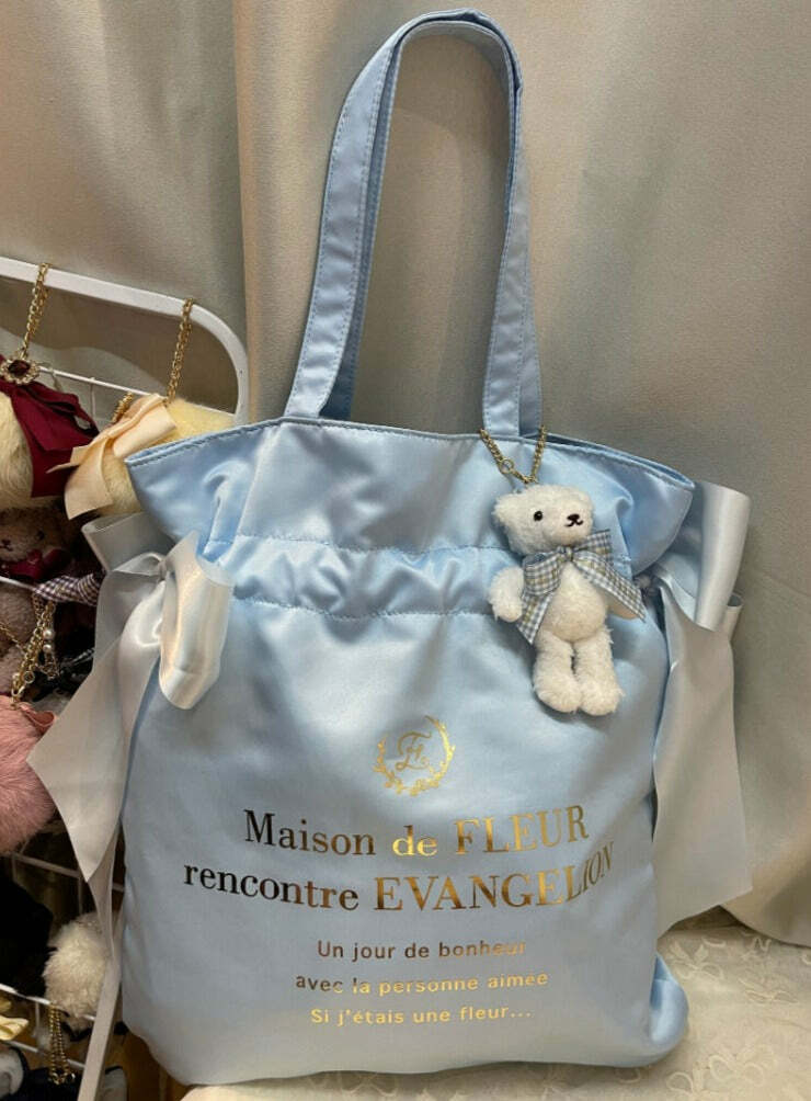 Maison De Fleur x EVANGELION Y2K Grunge Satin Tote Bag - 90s Retro Fashion for Summer Outfits