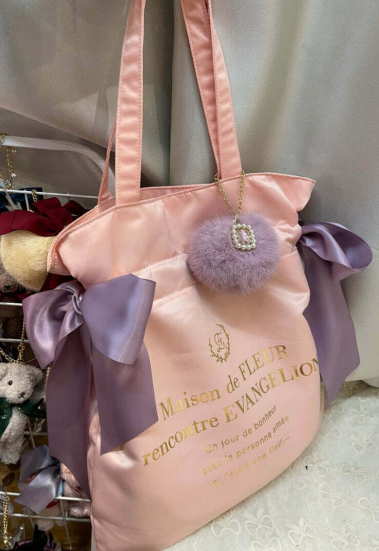 Maison De Fleur x EVANGELION Y2K Grunge Satin Tote Bag - 90s Retro Fashion for Summer Outfits