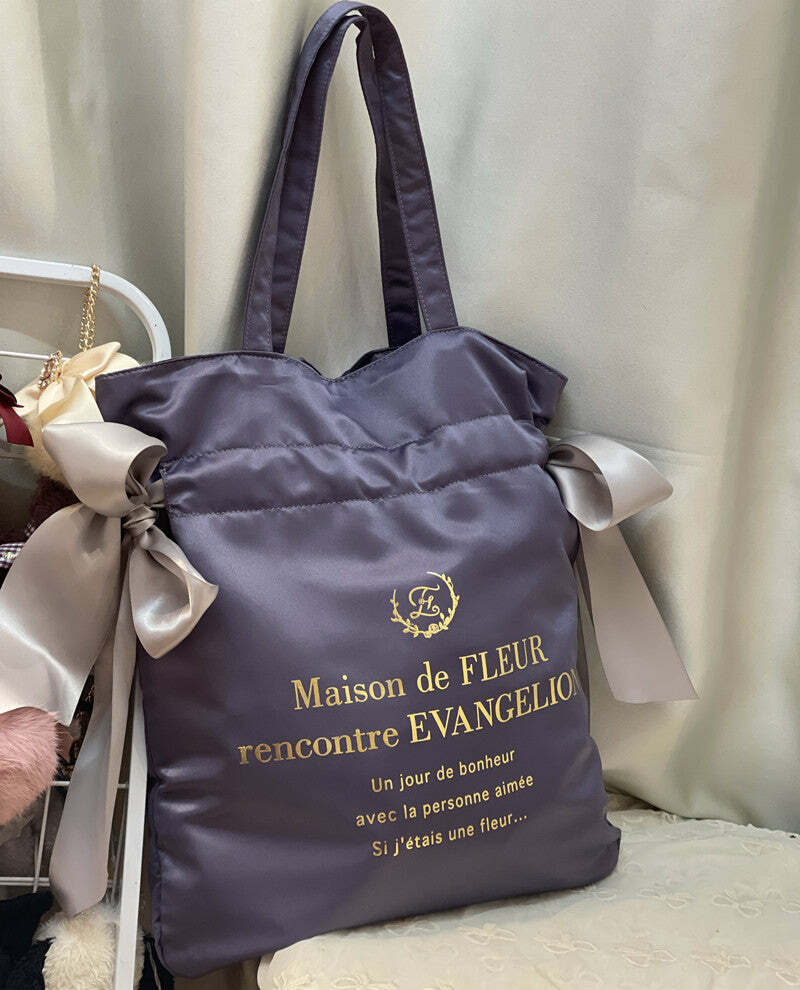 Maison De Fleur x EVANGELION Y2K Grunge Satin Tote Bag - 90s Retro Fashion for Summer Outfits