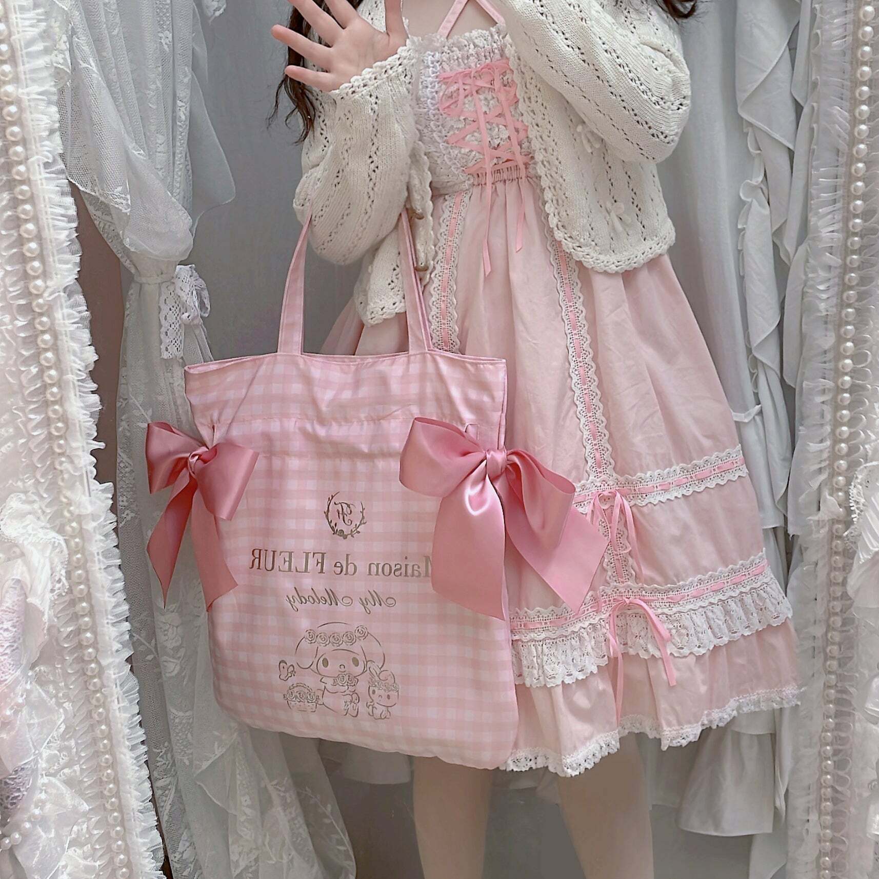 Maison De Fleur x My Melody Y2K Grunge 90s Retro Large Capacity Bow Tote Bag