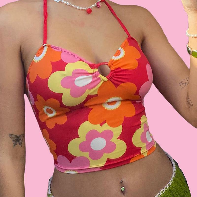 Mandy Flower Y2K Midriff Crop Top - 90s Grunge, Retro Summer, Pastel Goth, Y2K Party Outfit