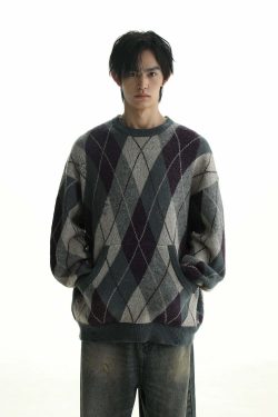 MASONPRINCE Argyle Sweater - Y2K Summer Grunge, 90s Retro, Pastel Goth, Y2K Club