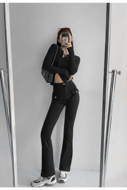 Matte Design Double Pocket Flared Pants - Y2K Summer, 90s Grunge, Retro, Pastel Goth Outfits