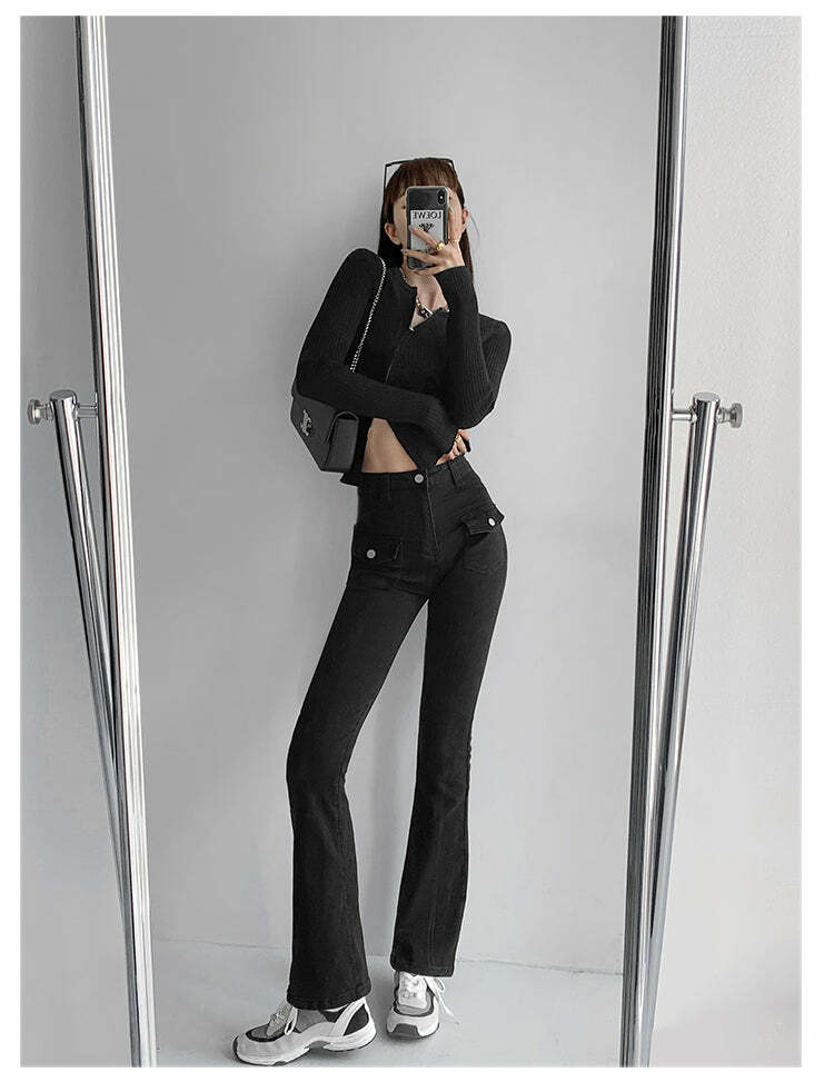 Matte Design Double Pocket Flared Pants - Y2K Summer, 90s Grunge, Retro, Pastel Goth Outfits