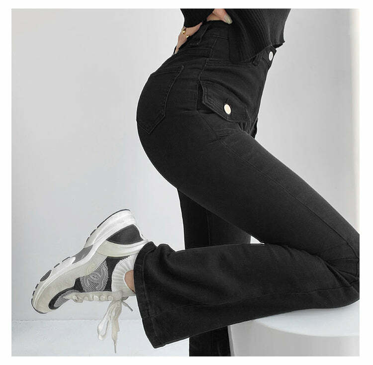 Matte Design Double Pocket Flared Pants - Y2K Summer, 90s Grunge, Retro, Pastel Goth Outfits