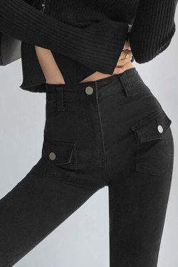 Matte Design Double Pocket Flared Pants - Y2K Summer, 90s Grunge, Retro, Pastel Goth Outfits