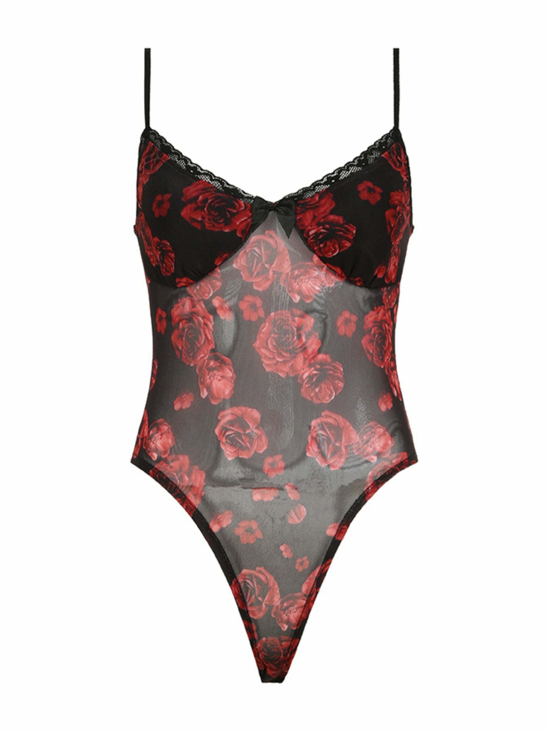 Mavis Rose Print Mesh Bodysuit - Y2K Summer, 90s Fashion, Grunge, Retro, Pastel Goth Outfit
