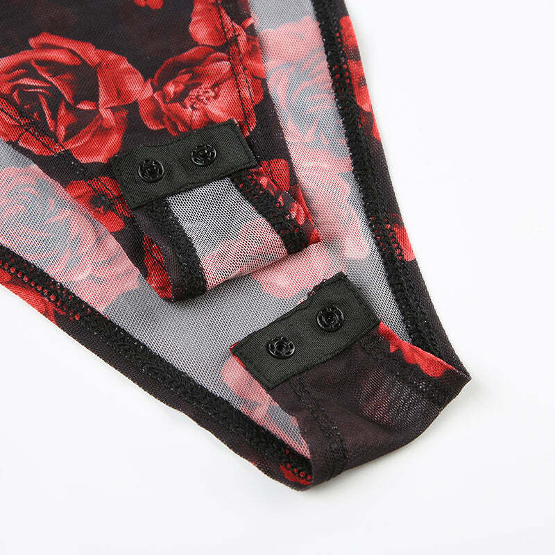 Mavis Rose Print Mesh Bodysuit - Y2K Summer, 90s Fashion, Grunge, Retro, Pastel Goth Outfit