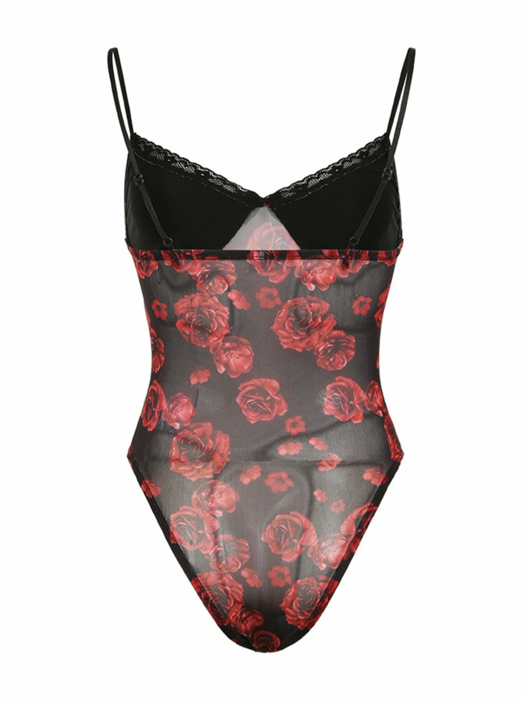Mavis Rose Print Mesh Bodysuit - Y2K Summer, 90s Fashion, Grunge, Retro, Pastel Goth Outfit