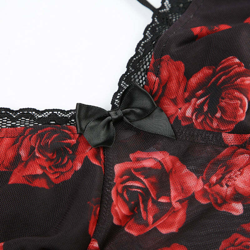 Mavis Rose Print Mesh Bodysuit - Y2K Summer, 90s Fashion, Grunge, Retro, Pastel Goth Outfit