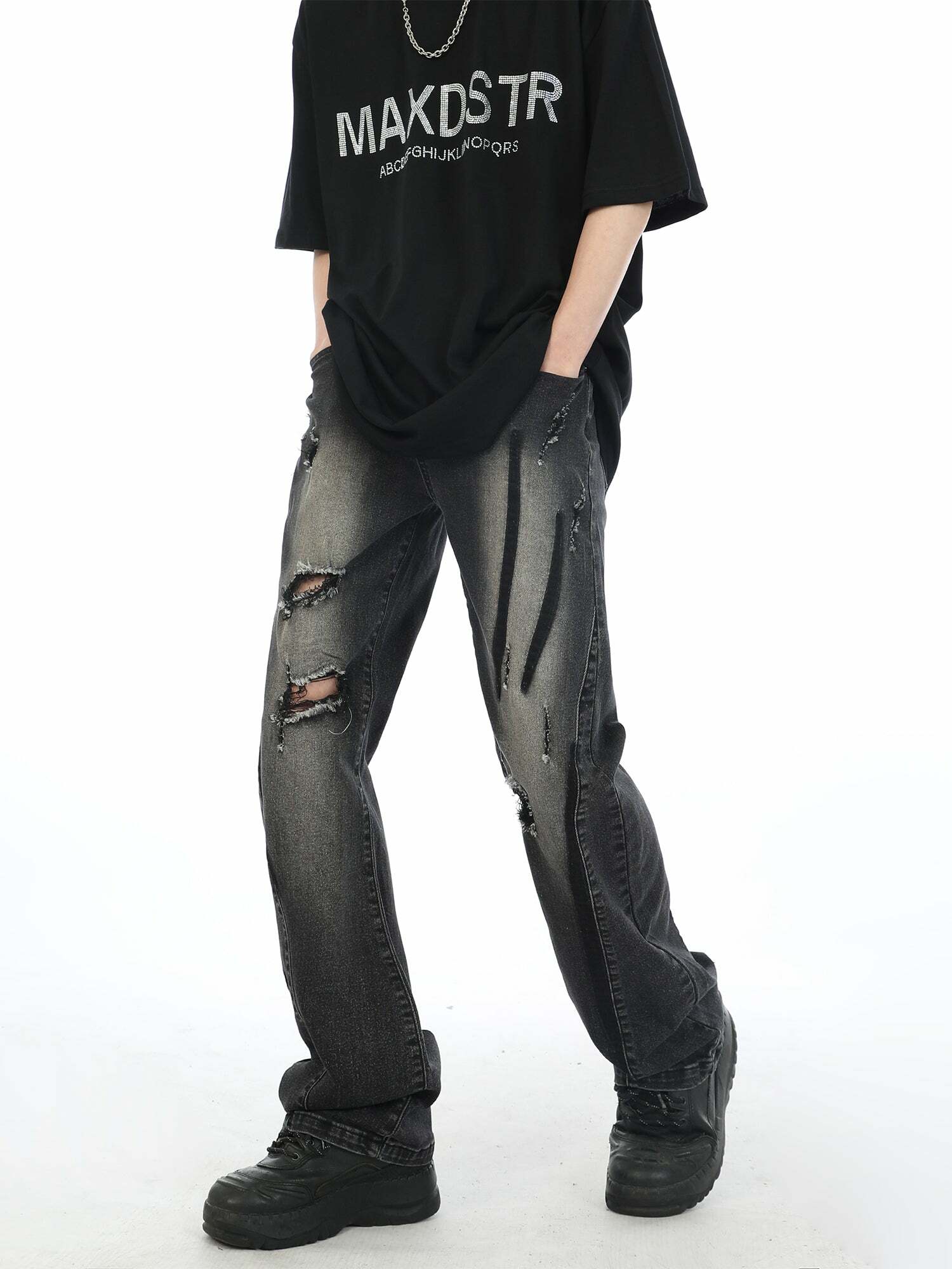 MaxDstr Scratch Ripped Jeans - Y2K Grunge, 90s Fashion, Retro Style, Summer Y2K Outfits