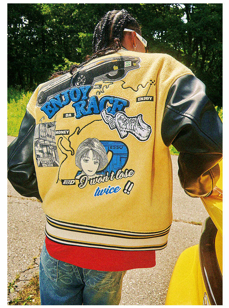 MEDM 'Enjoy the Race' Varsity Jacket - Y2K Summer, 90s Grunge, Retro Hip Hop Fashion