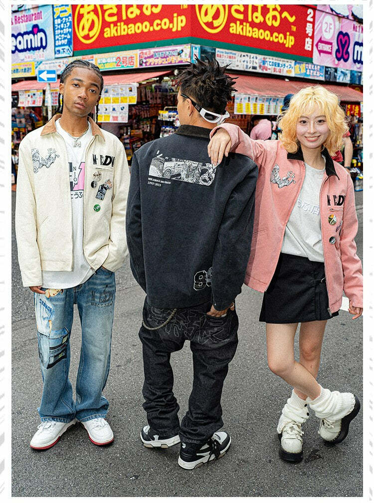 MEDM Fast Lane 86 Embroidered Jacket - Y2K Summer, 90s Grunge, Retro Hip Hop Fashion