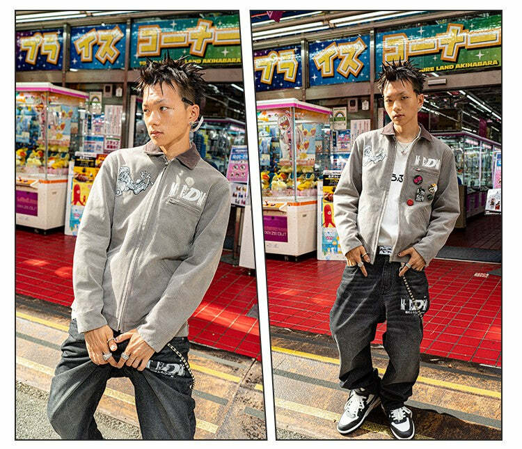 MEDM Fast Lane 86 Embroidered Jacket - Y2K Summer, 90s Grunge, Retro Hip Hop Fashion