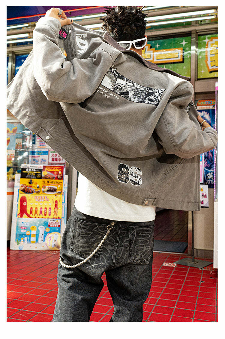 MEDM Fast Lane 86 Embroidered Jacket - Y2K Summer, 90s Grunge, Retro Hip Hop Fashion