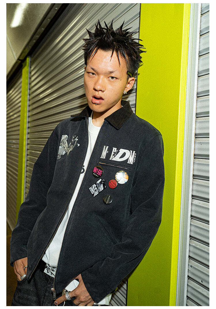 MEDM Fast Lane 86 Embroidered Jacket - Y2K Summer, 90s Grunge, Retro Hip Hop Fashion