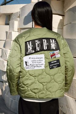 MEDM Patched Flyer Quilted Jacket - Y2K Summer, 90s Grunge, Retro Style, Y2K Party Outfit