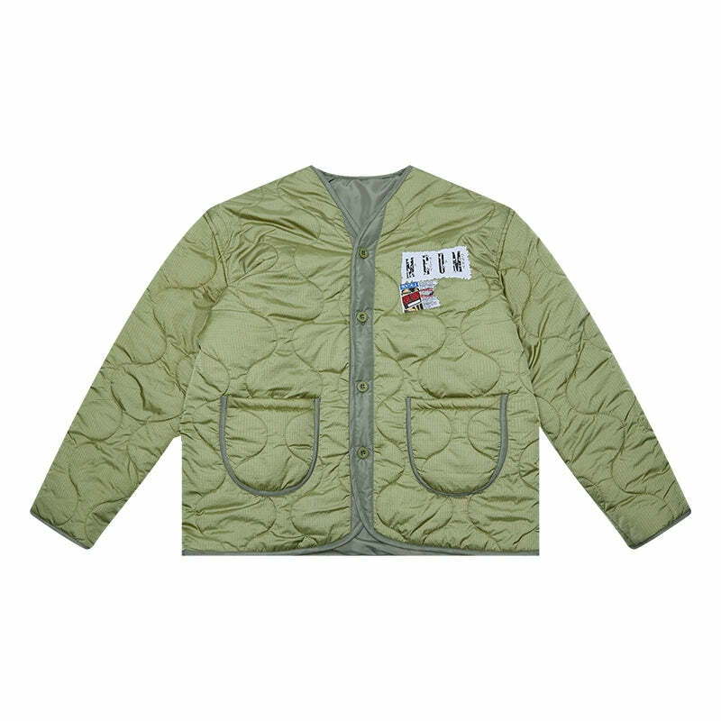 MEDM Patched Flyer Quilted Jacket - Y2K Summer, 90s Grunge, Retro Style, Y2K Party Outfit