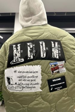 MEDM Patched Flyer Quilted Jacket - Y2K Summer, 90s Grunge, Retro Style, Y2K Party Outfit