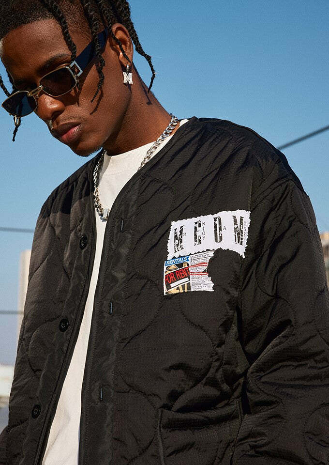 MEDM Patched Flyer Quilted Jacket - Y2K Summer, 90s Grunge, Retro Style, Y2K Party Outfit