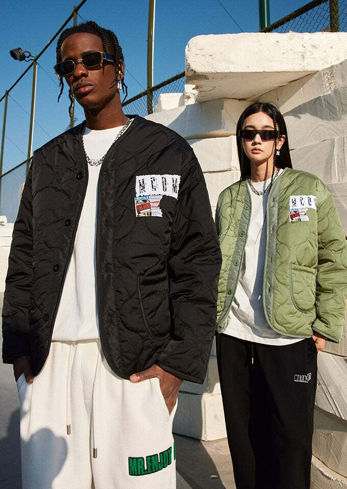 MEDM Patched Flyer Quilted Jacket - Y2K Summer, 90s Grunge, Retro Style, Y2K Party Outfit