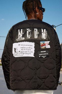 MEDM Patched Flyer Quilted Jacket - Y2K Summer, 90s Grunge, Retro Style, Y2K Party Outfit