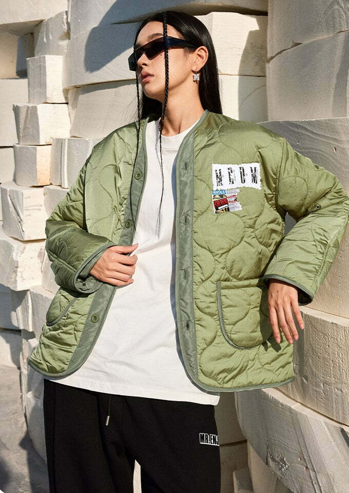 MEDM Patched Flyer Quilted Jacket - Y2K Summer, 90s Grunge, Retro Style, Y2K Party Outfit