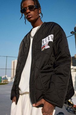 MEDM Patched Flyer Quilted Jacket - Y2K Summer, 90s Grunge, Retro Style, Y2K Party Outfit