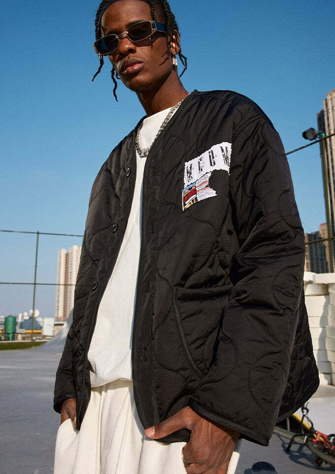 MEDM Patched Flyer Quilted Jacket - Y2K Summer, 90s Grunge, Retro Style, Y2K Party Outfit
