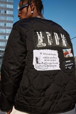 MEDM Patched Flyer Quilted Jacket - Y2K Summer, 90s Grunge, Retro Style, Y2K Party Outfit