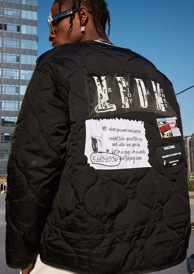 MEDM Patched Flyer Quilted Jacket - Y2K Summer, 90s Grunge, Retro Style, Y2K Party Outfit