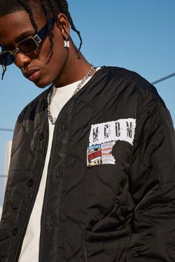 MEDM Patched Flyer Quilted Jacket - Y2K Summer, 90s Grunge, Retro Style, Y2K Party Outfit