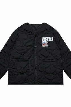 MEDM Patched Flyer Quilted Jacket - Y2K Summer, 90s Grunge, Retro Style, Y2K Party Outfit