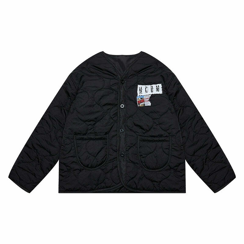 MEDM Patched Flyer Quilted Jacket - Y2K Summer, 90s Grunge, Retro Style, Y2K Party Outfit