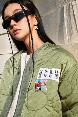 MEDM Patched Flyer Quilted Jacket - Y2K Summer, 90s Grunge, Retro Style, Y2K Party Outfit