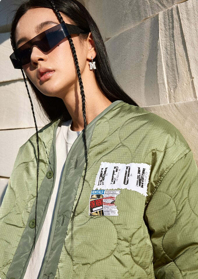 MEDM Patched Flyer Quilted Jacket - Y2K Summer, 90s Grunge, Retro Style, Y2K Party Outfit