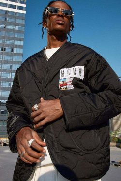 MEDM Patched Flyer Quilted Jacket - Y2K Summer, 90s Grunge, Retro Style, Y2K Party Outfit