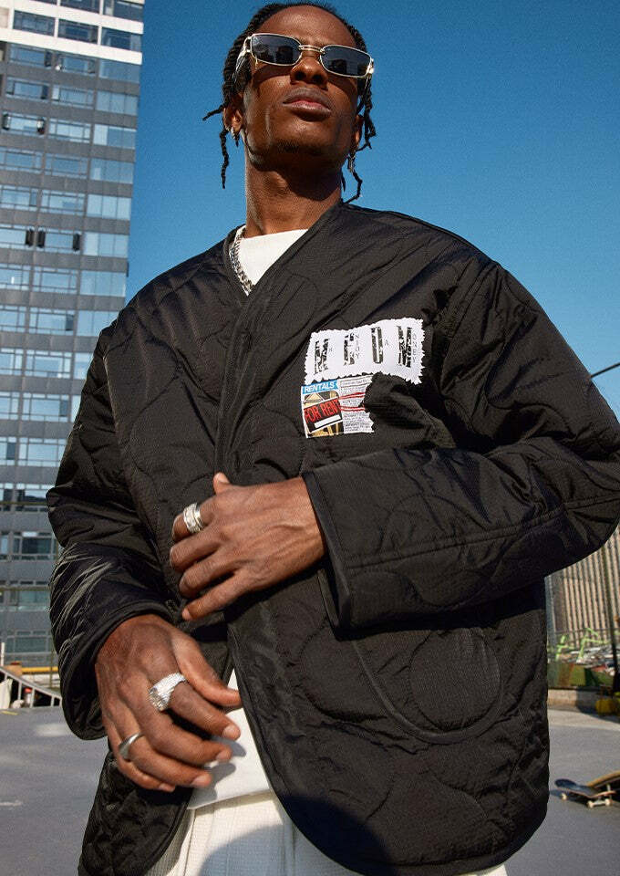 MEDM Patched Flyer Quilted Jacket - Y2K Summer, 90s Grunge, Retro Style, Y2K Party Outfit