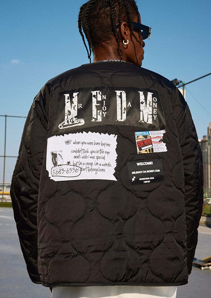 MEDM Patched Flyer Quilted Jacket - Y2K Summer, 90s Grunge, Retro Style, Y2K Party Outfit
