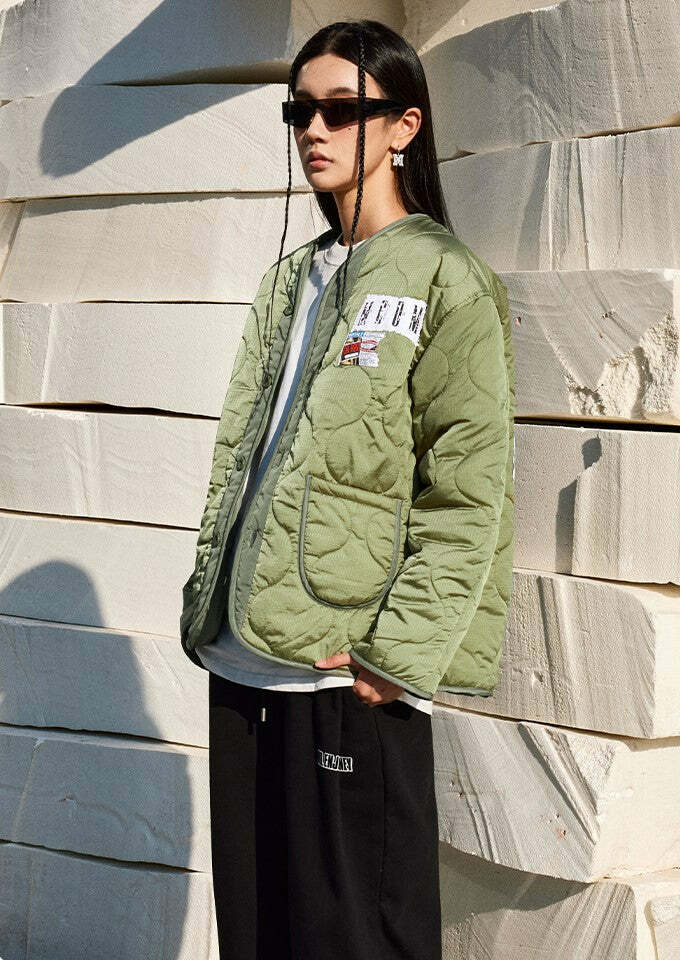 MEDM Patched Flyer Quilted Jacket - Y2K Summer, 90s Grunge, Retro Style, Y2K Party Outfit
