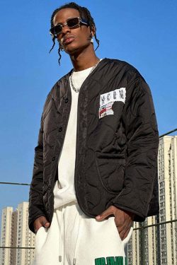 MEDM Patched Flyer Quilted Jacket - Y2K Summer, 90s Grunge, Retro Style, Y2K Party Outfit