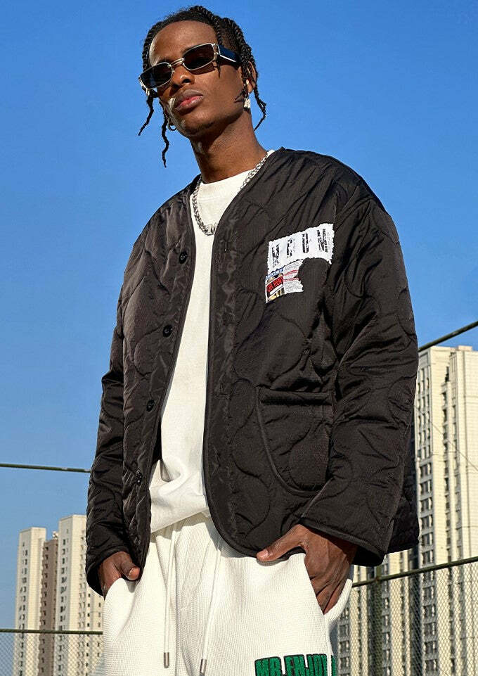 MEDM Patched Flyer Quilted Jacket - Y2K Summer, 90s Grunge, Retro Style, Y2K Party Outfit