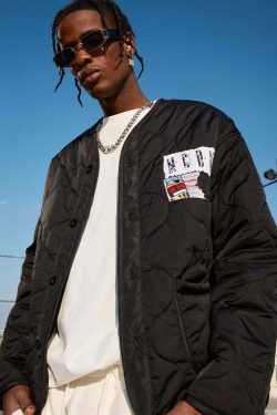 MEDM Patched Flyer Quilted Jacket - Y2K Summer, 90s Grunge, Retro Style, Y2K Party Outfit