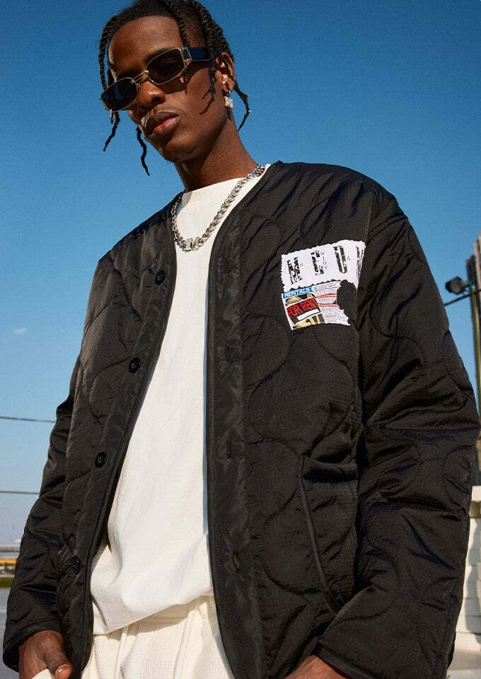 MEDM Patched Flyer Quilted Jacket - Y2K Summer, 90s Grunge, Retro Style, Y2K Party Outfit