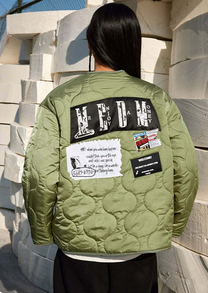 MEDM Patched Flyer Quilted Jacket - Y2K Summer, 90s Grunge, Retro Style, Y2K Party Outfit