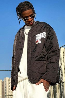 MEDM Patched Flyer Quilted Jacket - Y2K Summer, 90s Grunge, Retro Style, Y2K Party Outfit